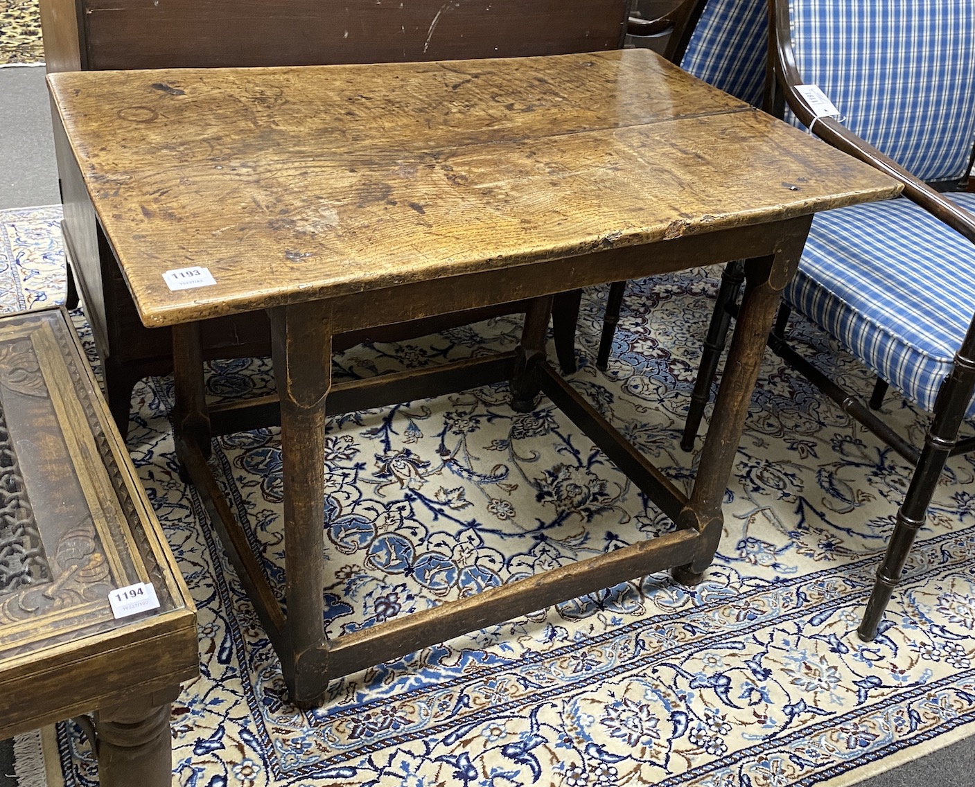 An early 18th century oak rectangular topped side table, width 92cm, depth 57cm, height 64cm
